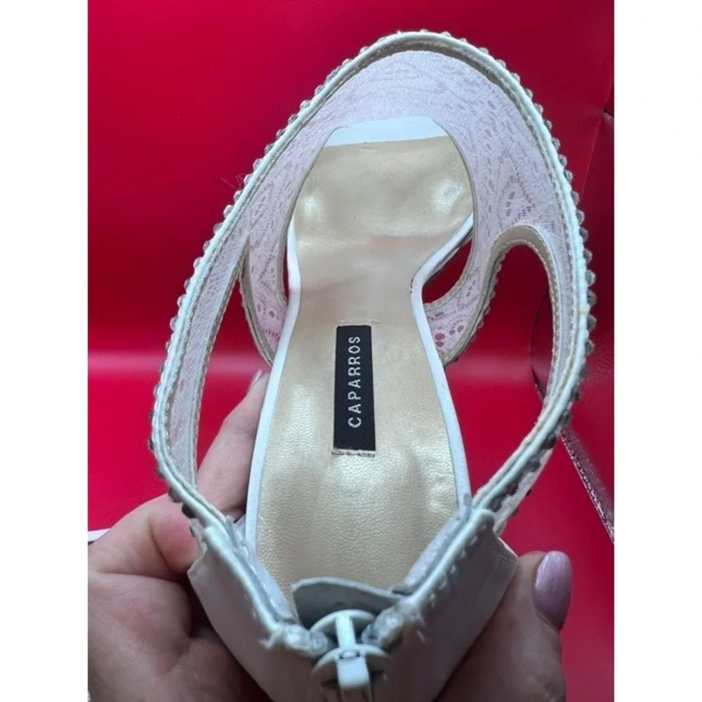 VTG Caparros White Lace Peep Toe Rhinestone Stiletto Heels Bridal Wedding 9.5
